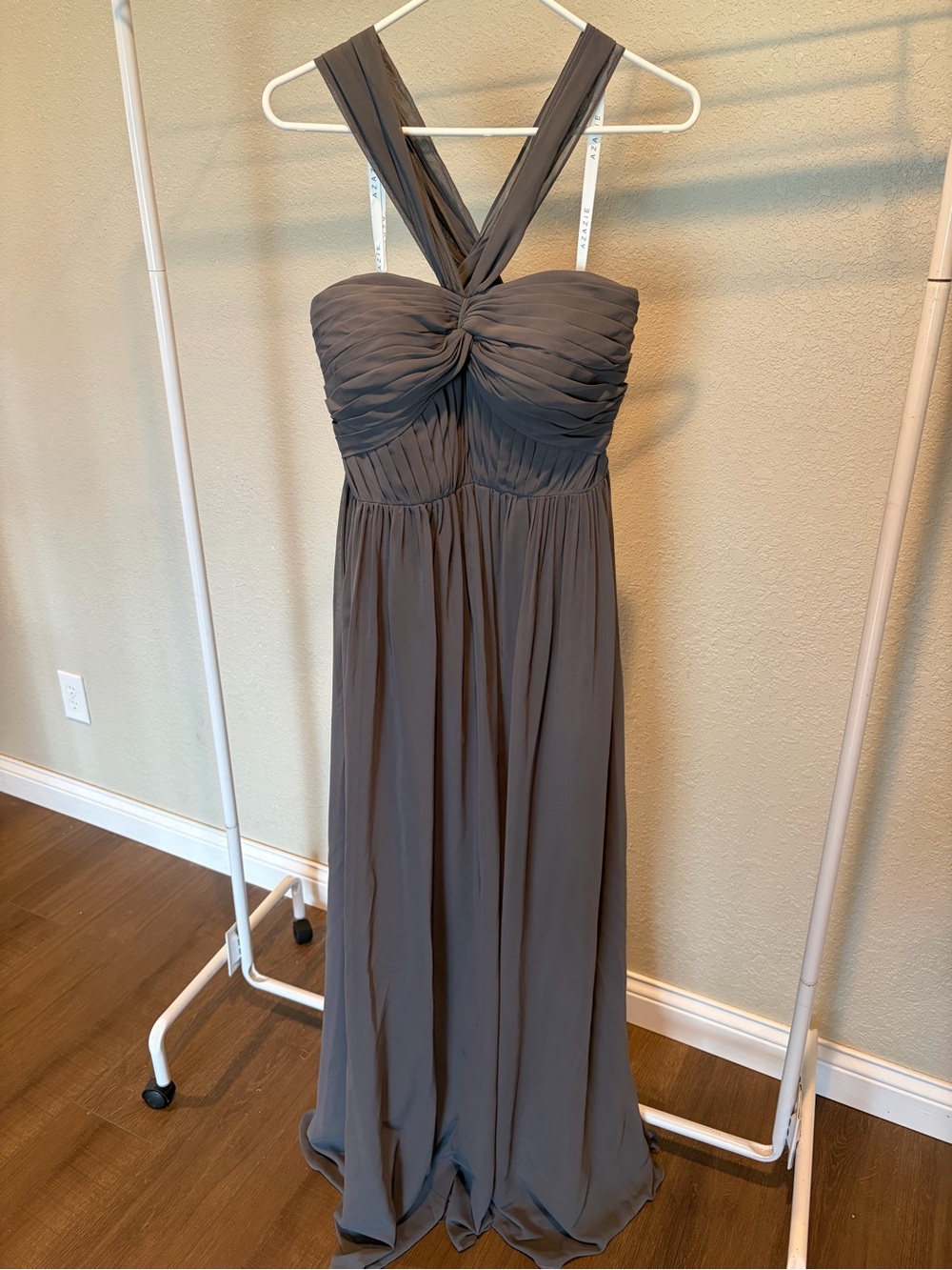 Azazie Dionne Steel Gray Twisted Bodice Maxi Dress with customizable corset